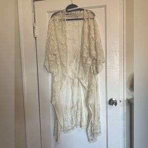 Ivory White Lace Kimono Robe size L / beach boho bride bridal maternity